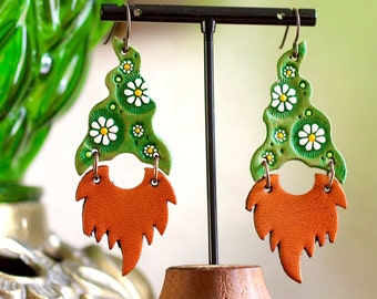 Daisy Gnome Leather Earrings -  Green Garden Red Beard Gnomes Whimsical Jewelry - Lightweight statement jewelry