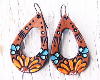 Mini Sunflower Leather Teardrop Earrings - Petite Hippie Floral earrings - made to order by Mesa Dreams