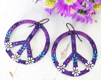 SMALLER Purple Peace Sign Leather Earrings - Hippie Daisy Flower Power - Pick Your Size-  Tooled leather by Mesa Dreams