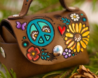 Hippie and Wildflowers Leather Mini Purse Keychain - Peace and Love