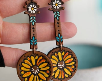 Sunflower Banjo Leather Earrings - Hand Painted Dangle Earrings by Mesa Dreams