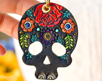 Handpainted Sugar Skull Leather Keychain – Red Rose, Day of the Dead