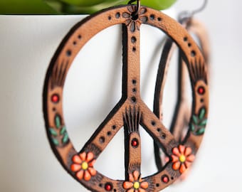 Autumn Daisy Peace Sign Leather Earrings