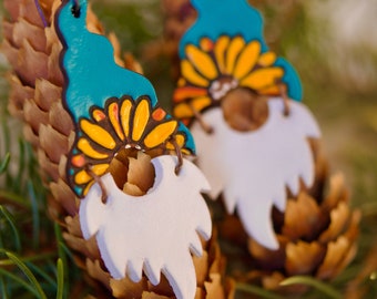 Sunflower Gnome Leather Earrings -  Whimsical Jewelry - Lightweight Gnome Party