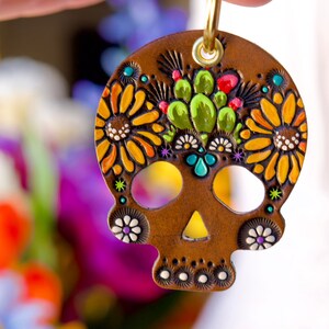 Sunflower and Prickly Pear Cactus Sugar Skull Keychain