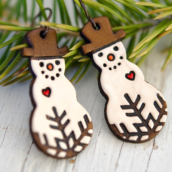 Snowman Leather Earrings - Winter Snowflake Christmas Jewelry - Handmade
