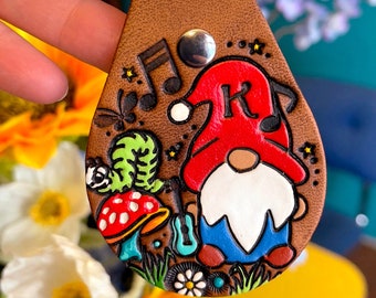Custom initial leather key fob - Garden Gnome keychain - Guitar and Mushroom - Musician Gift - hand painted tag - Mesa Dreams