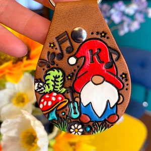 Custom Initial Leather Keychain: Hand-Painted Garden Gnome, Musician Gift