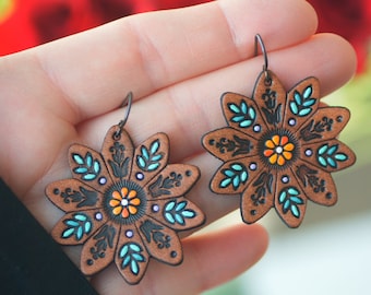 Daisy Mandala Leather Earrings - Colorful and lightweight - turquoise and spring wildflowers - made to order by Mesa Dreams