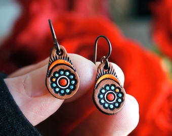 Petite Leather Earrings - Mandala Pinwheel Flower - hand painted MINI earrings - Mesa Dreams - Made to Order