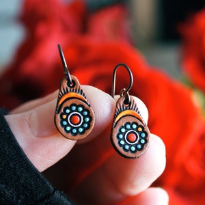 Petite Leather Earrings - Mandala Pinwheel Flower - hand painted MINI earrings - Mesa Dreams - Made to Order