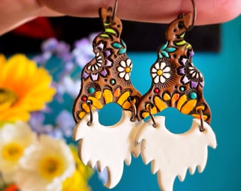 Sunflower and Daisy Gnome Leather Earrings -  Garden Gnomes Whimsical Jewelry - Lightweight statement jewelry