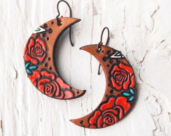 Mini Rose Crescent Leather Earrings - Red Roses Bohemian jewelry - Made to Order - lightweight style