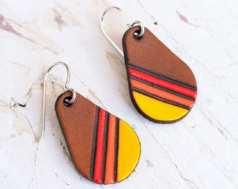 Petite Leather Earrings - Warm Vintage Stripes - Red, Orange and Yellow hand painted mini earrings - Mesa Dreams - Made to Order