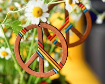 Striped Peace Sign Leather Earrings - Hippie Southwestern Sunset dangles - Hippy colorful and handpainted - Pick Your Size by Mesa Dreams