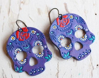 Purple Mini Sugar Skull Leather Earrings - Ready to Ship