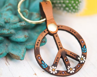 Leather Keychain - Peace Sign and Daisy key fob - key fob - Retro Hippie gift