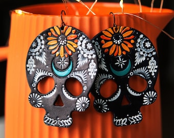 Sugar Skull Earrings - Sunflower and Webs - Day of the Dead Tooled Leather - Dangle Jewelry - Dia de los Muertos Spooky