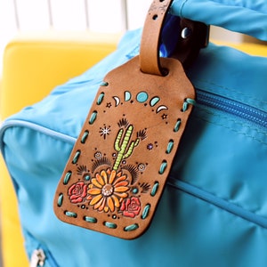 Leather Luggage Tag Southwestern Sunflowers, Roses and Cactus Bag Tag with ID Window Travel Gift Made to Order image 2