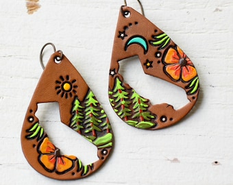 California Redwoods and Poppies Leather Earrings - Orange Poppy teardrop jewelry - lightweight style