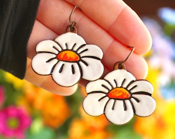 Fluffy Daisy Leather Earrings - Hand Painted Jewelry - lightweight style