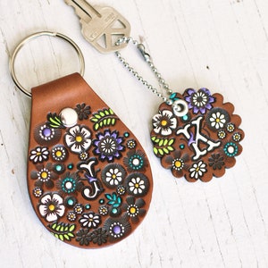 Custom initial leather key fob Floral Pattern Bag tag hand painted and hand stamped Your Choice of Keychain Shape image 1