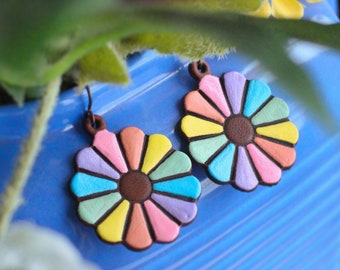 Pastel Color Wheel Leather Earrings - Pinwheel Artist Palette - Easter rainbow - hand painted mandala earrings - Mesa Dreams