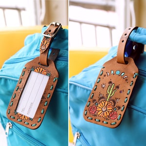 Leather Luggage Tag Southwestern Sunflowers, Roses and Cactus Bag Tag with ID Window Travel Gift Made to Order image 1