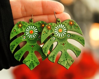 Monstera and Daisy Leather Earrings - Plant Lady Green Leaves - Foliage Earrings made to order by Mesa Dreams