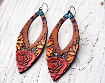 Rose and Sunflower Leather Earrings - Turquoise and Colorful Tooled designs - made to order by Mesa Dreams