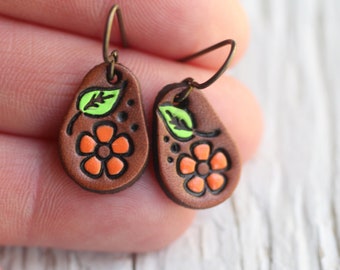 Petite Leather Earrings - Orange Poppy Flower - California Poppies - hand painted MINI earrings - Mesa Dreams - Made to Order