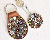 Custom Leather Initial Key Fob: Hand-Painted Floral Bag Tag