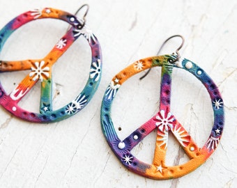 SMALLER Galaxy Tie Dye Peace Sign Leather Earrings - Hippie dangles - Celestial Hippy colorful handpainted - Made to Order by Mesa Dreams