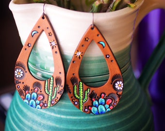 Cactus and Daisy Leather Earrings - Teardrop - Hand-painted Southwestern jewelry - Celestial Moon Daisy - Made to order