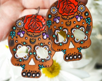 Sugar Skull Earrings - Day of the Dead - dia de los muertos - Daisy Red Rose flowers - Colorful lightweight - Mesa Dreams - Ready to Ship
