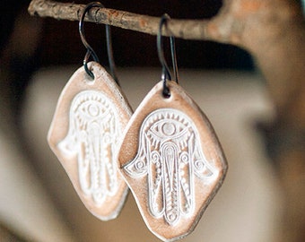 Hamsa Leather Earrings - Oxidized Copper wires - Simple Rustic Protection Evil Eye jewelry - Handmade