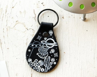 Custom initial leather key fob - UFO, Alien, Planets, Cactus and Saguaros keychain - X-Ray Sci-fi X-Files Area 51 Succulent tag