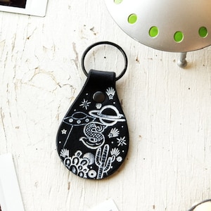 Custom Initial Leather Key Fob: UFO Alien Cactus Keychain