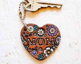 MOM Leather Heart Key Fob - Floral Pattern Keychain - Mother's Day - hand painted and stamped - Mesa Dreams - Custom Gift