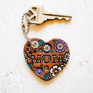 Hand Painted Leather Heart Keychain: Floral MOM Key Fob