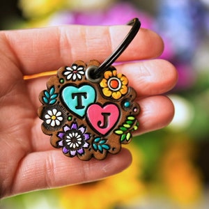 Lovebirds Custom leather key fob - Couples keychain - Anniversary gift - wildflowers hand painted keychain or bag tag - Mesa Dreams