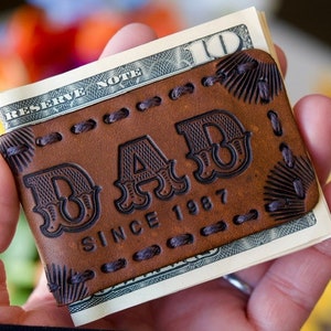 DAD Leather Money Clip - Magnetic - Custom birth year(s), stain color and thread color - Father's Day Gift