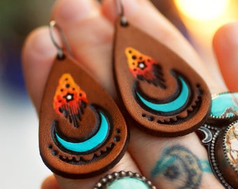 Shooting Star and Crescent Moon Leather Earrings - Teardrop Turquoise Bohemian Jewelry - lightweight style