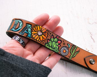 Custom Leather Camera Wrist Strap - Sunflower, cactus, Saguaro and daisies - Southwestern Custom Loop strap - clip - hand tooled leather