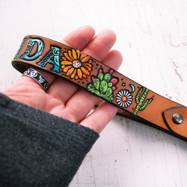 Custom Leather Camera Wrist Strap - Sunflower, cactus, Saguaro and daisies - Southwestern Custom Loop strap - clip - hand tooled leather