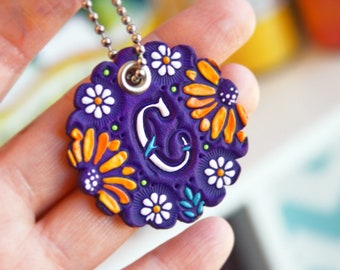 Custom initial leather key ring - Daisy and Sunflowers - hand painted on purple leather - Your Choice of Initial and hardware