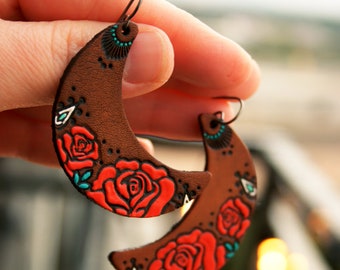 Rose Crescent Leather Earrings - Red Roses Bohemian jewelry - Made to Order - lightweight style