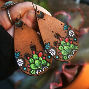Handmade Leather Teardrop Earrings: Painted Cactus Succulents, Niobium Wires