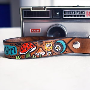 Handmade Leather Key Ring: Mushrooms, Owls, Daisies, Moons - Personalized Fingerloop Fob