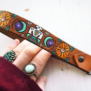 Custom Leather Camera Wrist Strap or Keychain - Thunderbird, Moons, Sunflowers and Daisies - Southwestern Painted Custom Loop strap